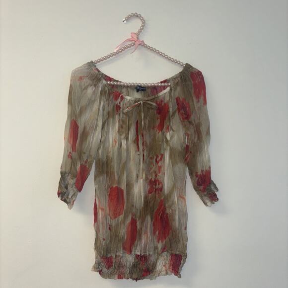 VTG Artsy Blouse Shirt Women’s‎ Sz Lg Bow Hippie Boho Stretch Smocked 3/4 Sleeve - Picture 1 of 8